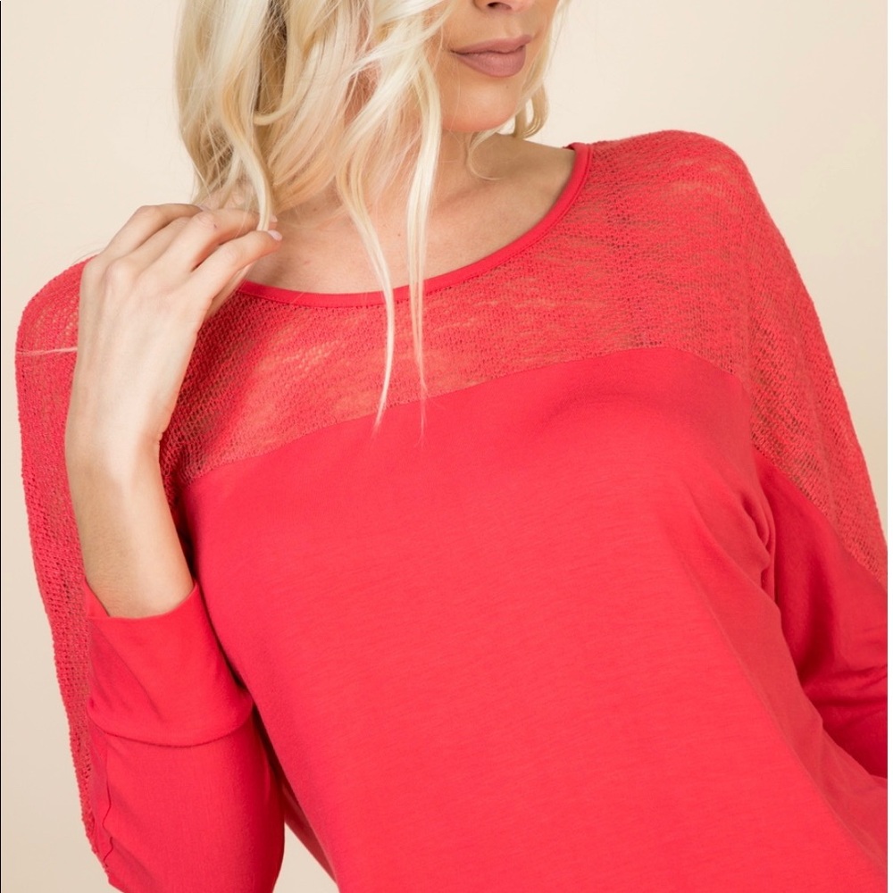 Coral long sleeve top with knit detail